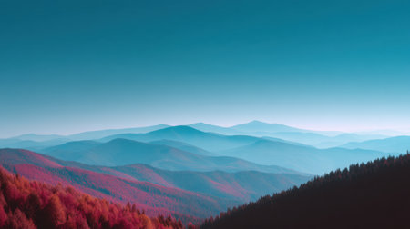 A stunning view of layered mountain ranges enveloped in mist, featuring vibrant red foliage that enhances the natural beauty, ideal for relaxation and reflection.の素材