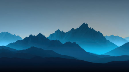 A breathtaking view of a layered mountain range at dusk featuring soft blue tones and a gentle gradient sky, invoking feelings of tranquility and natural beauty.の素材