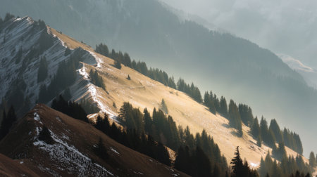 Explore a tranquil mountain landscape at dawn, where soft sunlight dances on slopes and majestic pine trees create a serene atmosphere amidst misty surroundings.の素材