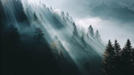 Discover a serene and ethereal forest scene where sunlight pierces through mist, illuminating towering trees and creating a peaceful atmosphere in nature.の素材