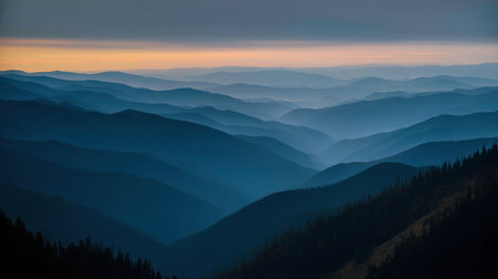 A breathtaking view of layered mountain ranges shrouded in mist at dawn, creating a serene atmosphere that highlights the beauty of nature and tranquility.の素材