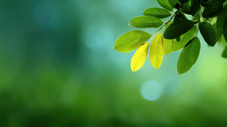 Experience the beauty of nature with vibrant leaves featuring a touch of yellow, set against a softly blurred green background, evoking peace and tranquility.の素材
