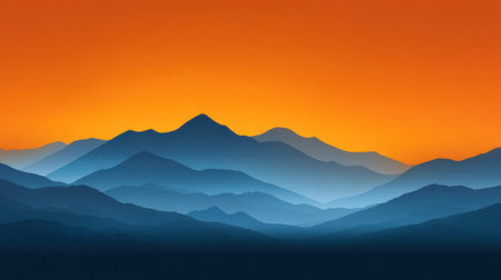 Breathtaking view of layered mountains during sunset, featuring a warm orange sky blending softly with cool blue tones, ideal for inspiring nature-themed projects.の素材