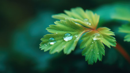 A stunning close-up shot of a vibrant green leaf adorned with refreshing dew drops. This image beautifully captures nature's tranquility and purity, ideal for various projects.の素材