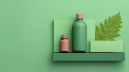Modern arrangement of minimalist cosmetic bottles in green and pink colors on a shelf, complemented by a fern leaf. Perfect for beauty and wellness themes.の素材