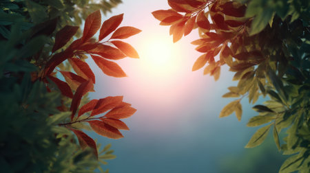 A captivating close-up image highlighting green and reddish leaves gently framing a warm light, evoking feelings of calm and serenity in a natural setting.の素材