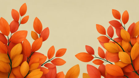Discover an elegant frame of autumn leaves in vibrant orange and yellow against a soft beige background. Perfect for seasonal decor, design, and inspiration.の素材