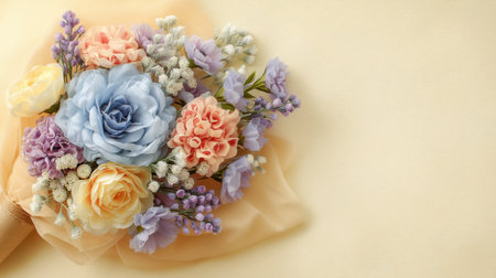 A stunning arrangement of pastel artificial flowers showcasing blue, coral, and lavender shades on a soft backdrop, perfect for various decorative needs.の素材