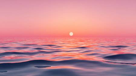 This stunning image captures a tranquil ocean sunset, showcasing delicate waves and a gradient sky. The peaceful atmosphere invites relaxation and calmness.の素材