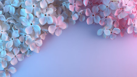 A beautiful arrangement of lilac and white flowers creates a soft and elegant border on a pastel background, perfect for design projects and decorations.の素材