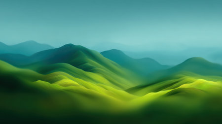 Experience the beauty of serene green hills under a soft blue sky, featuring misty layers and gentle slopes, offering a tranquil escape into natureの素材