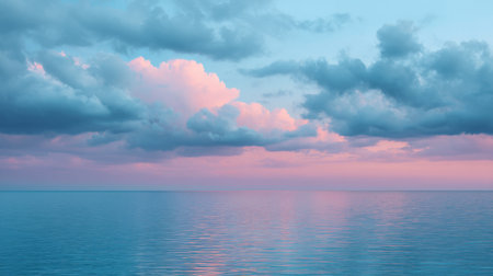 A breathtaking view of a serene sunset over a calm ocean. Soft pink and blue clouds reflect beautifully on the tranquil water surface, creating a peaceful atmosphere.の素材