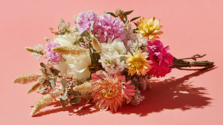 A stunning floral arrangement featuring an array of colorful flowers against a soft pink backdrop, perfect for inspiring creativity and elegance in design projects.の素材