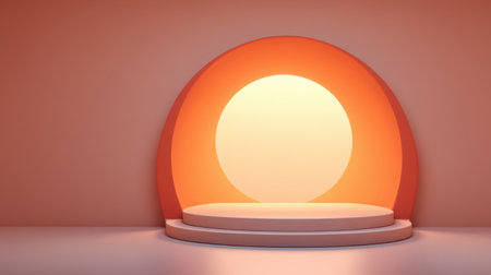A contemporary stage setup featuring a circular backdrop with warm orange light, perfect for presentations, performances, or artistic displays in a minimalist space.の素材