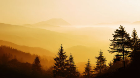 Experience the beauty of a serene sunrise illuminating misty mountains and tall pine trees, creating a peaceful and majestic natural landscape.の素材