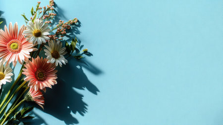 This image features a vibrant flower arrangement set against a light blue background. The bright colors and soft shadows create a cheerful and inviting atmosphere perfect for various design projects.の素材