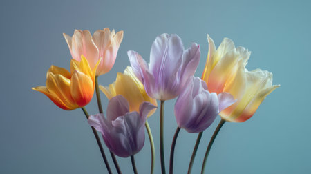 A stunning display of colorful tulips in soft pastel colors, capturing the essence of spring, perfect for backgrounds, designs, or floral-themed projects.の素材