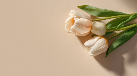 A beautiful arrangement of soft pink and white tulips rests on a neutral background, showcasing delicate petals and lush green leaves for a serene floral ambiance.の素材