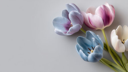 A serene and elegant arrangement of soft colored tulips on a light gray background, perfect for spring themes, floral designs, and capturing natural beauty in photography.の素材