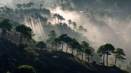 This stunning landscape captures a misty forest scene at dawn, where sunrays pierce through vibrant pine trees, creating a serene and peaceful atmosphere.の素材