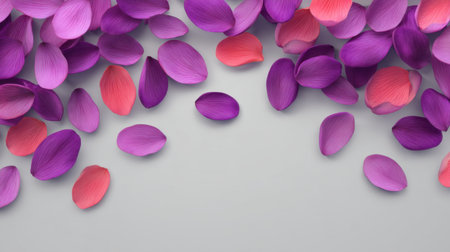 A stunning arrangement of vibrant pink and purple petals scatters artfully across a soft gray surface, perfect for backgrounds in nature, decoration, or creative projects.の素材