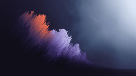 This abstract digital artwork features a blend of vibrant orange and purple colors merging into a dark background, creating a dynamic and modern visual experience.の素材