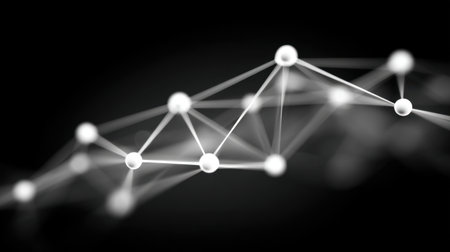 An artistic representation of a network structure, featuring nodes connected by lines against a black background, symbolizing technology and data communication.の素材