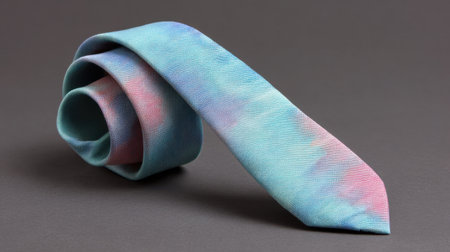 A vibrant rolled tie showcases a stunning blend of blue and pink hues, reflecting modern fashion trends. This stylish accessory enhances any formal attire or business outfit.の素材