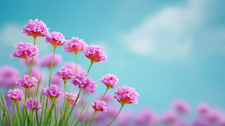 Capture the beauty of vibrant pink flowers against a serene blue sky, embodying the essence of spring's freshness and tranquility in nature's landscape.の素材