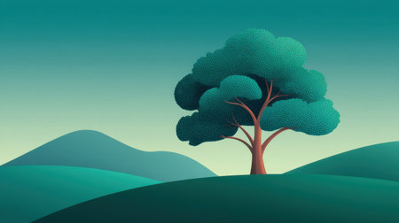 This serene landscape features a vibrant, stylized tree set against rolling green hills, creating a tranquil scene perfect for nature-themed projects.の素材