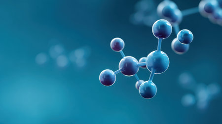 This image features a detailed close-up of abstract molecular structures against a vibrant blue background, representing themes of science, innovation, and research.の素材
