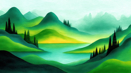 A serene and tranquil landscape artwork featuring rolling green hills and calm water, creating a peaceful atmosphere perfect for relaxation and reflection.の素材