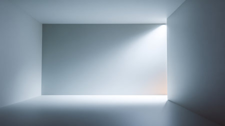 This image features a minimalist empty room bathed in soft light, showcasing clean lines and a tranquil atmosphere, ideal for creative projects and backgrounds.の素材
