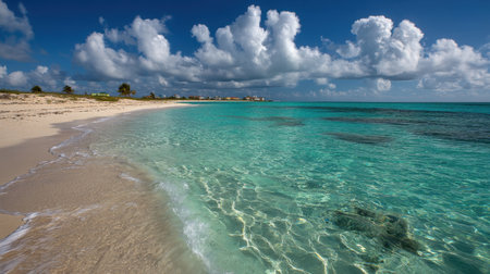 Experience a picturesque tropical beach scene with crystal clear water and soft sand. Fluffy clouds drift over the horizon, creating a serene and inviting atmosphere.の素材