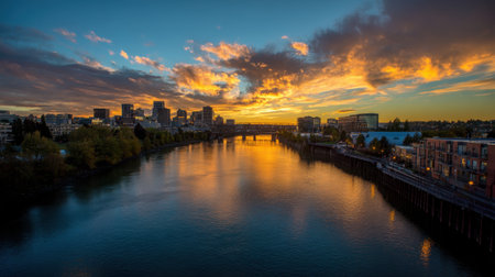 A breathtaking sunset paints the sky in vibrant colors while the river reflects the scenic urban skyline, creating a serene evening atmosphere perfect for photography lovers.の素材