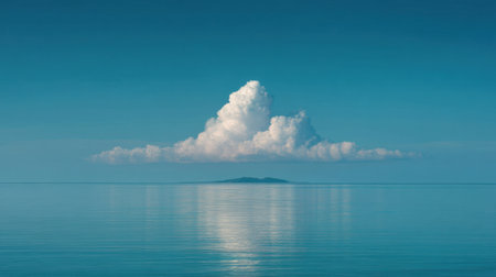 A stunning seascape featuring a serene ocean reflecting a peaceful blue sky and a fluffy cloud formation over a distant island, showcasing nature's beauty.の素材