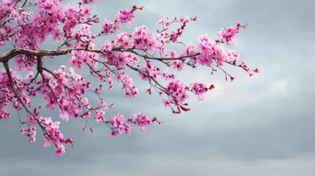 This elegant image captures a branch of cherry blossoms in full bloom, showcasing vibrant pink flowers against a dramatic cloudy sky, embodying spring's beauty.の素材