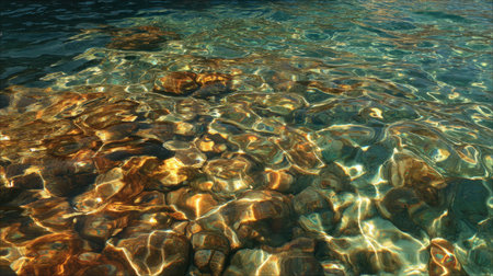 A stunning view of crystal clear water shimmering under sunlight, revealing colorful rocks beneath its surface, creating a tranquil and peaceful natural scene perfect for relaxation.の素材