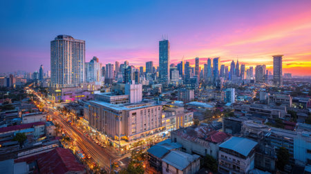 A stunning urban skyline at dusk showcasing high-rise buildings illuminated by colorful sunset hues. This vibrant cityscape captures the essence of modern metropolitan life.の素材