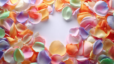 A stunning arrangement of colorful flower petals creates a soft frame around a central blank space, perfect for romantic themes or creative projects.の素材