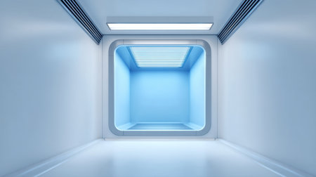 A spacious and minimalist room featuring blue illuminated walls. The futuristic design offers a clean and tranquil atmosphere perfect for creative work or inspiration.の素材