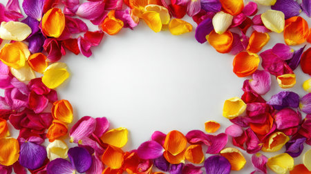 A vibrant arrangement of flower petals in various colors creates a beautiful frame. The blank space in the center can be used for text or design elements. Perfect for spring themes.の素材