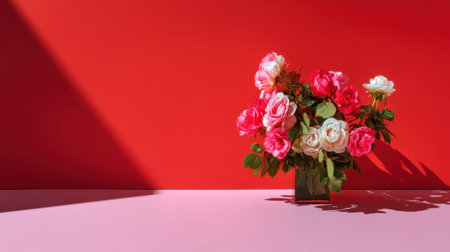 A captivating image of a bouquet featuring pink and white artificial roses placed in a transparent vase. The vibrant red background and pastel pink surface create a striking visual contrast.の素材