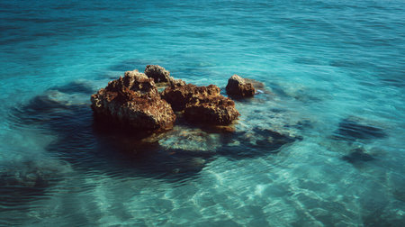 A calming scene of clear blue ocean water gently lapping against a rocky outcrop, reflecting sunlight under a bright sky, ideal for travel or nature enthusiasts.の素材