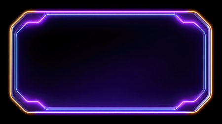 This vibrant neon frame features glowing edges in purple and orange, perfect for enhancing creative projects, technology presentations, or digital backgrounds.の素材