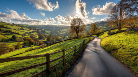 Capture the serene beauty of a countryside road winding through vibrant green hills under a dramatic sky. Enjoy the tranquil atmosphere in autumn.の素材