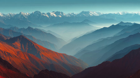Discover the stunning beauty of majestic mountains captured at sunrise, showcasing vibrant colors, misty valleys, and snow-capped peaks against a clear blue sky.の素材
