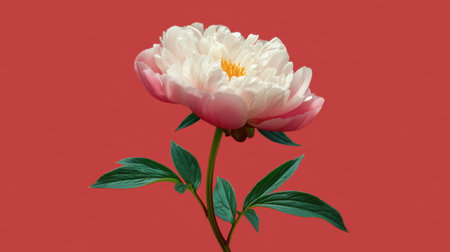 This stunning image showcases an elegant peony flower with soft petals in pink and white hues, beautifully contrasted against a vibrant red background, perfect for design projects.の素材