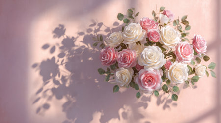 This stunning composition features soft pastel roses casting delicate shadows on a light pink backdrop, perfect for enhancing home decor and floral design themes.の素材