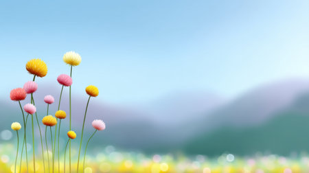 A serene view of vibrant wildflowers standing tall against a soft-focused landscape. This image beautifully captures the essence of nature in springtime, evoking tranquility.の素材